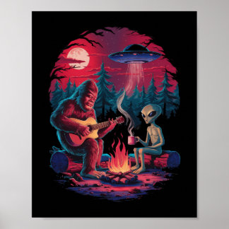 Funny Alien And Bigfoot Campfire Moon Ufo Adventur Poster
