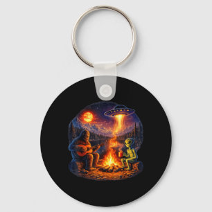 Funny Alien and Bigfoot Campfire Moon UFO Key Ring