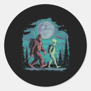 Funny Alien And Bigfoot Hiking Moon Sasquatch Ufo  Classic Round Sticker