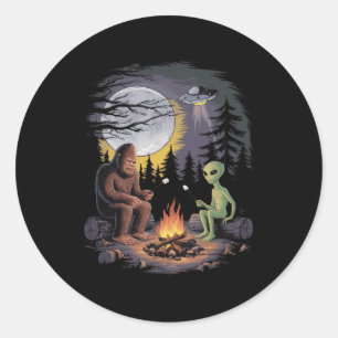 Funny Alien And Bigfoot Hiking Moon Sasquatch Ufo Classic Round Sticker