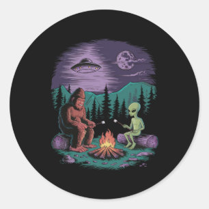 Funny Alien And Bigfoot Hiking Moon Sasquatch Ufo Classic Round Sticker