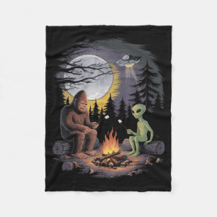 Funny Alien And Bigfoot Hiking Moon Sasquatch Ufo Fleece Blanket