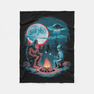 Funny Alien And Bigfoot Hiking Moon Sasquatch Ufo Fleece Blanket