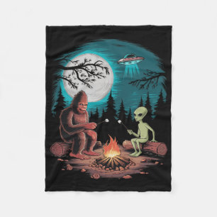 Funny Alien And Bigfoot Hiking Moon Sasquatch Ufo Fleece Blanket