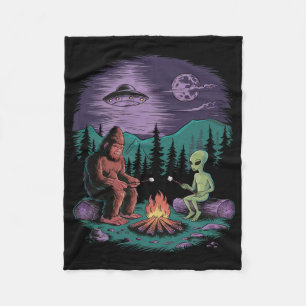 Funny Alien And Bigfoot Hiking Moon Sasquatch Ufo Fleece Blanket
