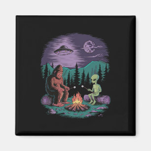 Funny Alien And Bigfoot Hiking Moon Sasquatch Ufo Magnet