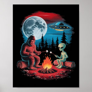 Funny Alien And Bigfoot Hiking Moon Sasquatch Ufo Poster