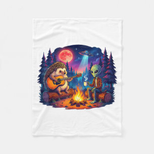 Funny Alien and Hedgehog Camng Campfire Moon UFO Fleece Blanket