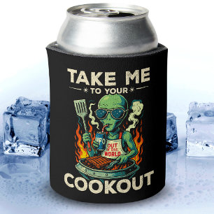 Funny Alien BBQ Cookout Retro UFO Space Grilling Can Cooler