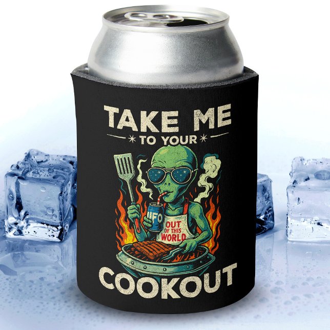 Funny Alien BBQ Cookout Retro UFO Space Grilling Can Cooler (Creator Uploaded)