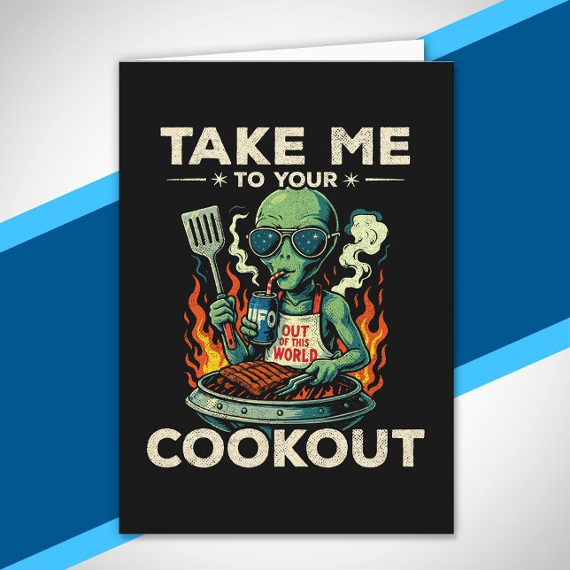 Funny Alien BBQ Cookout Retro UFO Space Grilling Card (Creator Uploaded)
