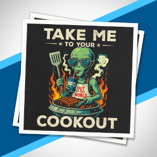 Funny Alien BBQ Cookout Retro UFO Space Grilling Napkin