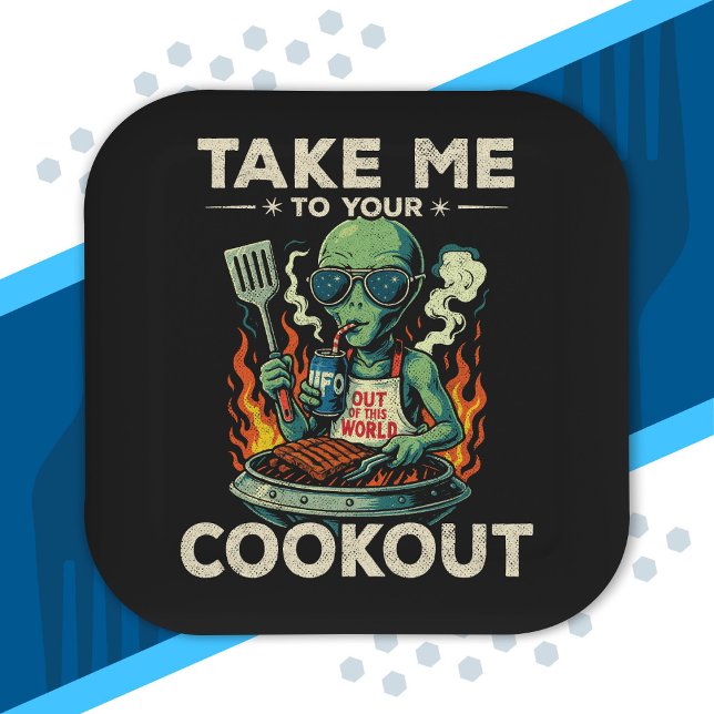 Funny Alien BBQ Cookout Retro UFO Space Grilling Paper Plate (Creator Uploaded)