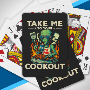Funny Alien BBQ Cookout Retro UFO Space Grilling Playing Cards