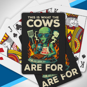 Funny Alien BBQ Grill Cow Abduction Joke Retro UFO Playing Cards