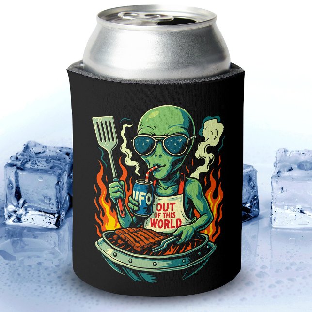 Funny Alien BBQ Illustration Retro Sci Fi Grilling Can Cooler (Creator Uploaded)