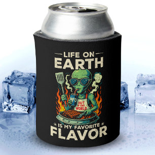 Funny Alien BBQ Illustration Retro Sci Fi Grilling Can Cooler