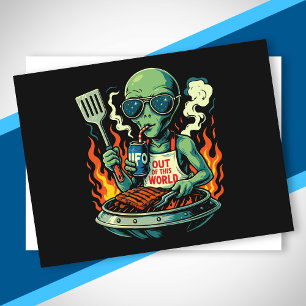 Funny Alien BBQ Illustration Retro Sci Fi Grilling Holiday Postcard