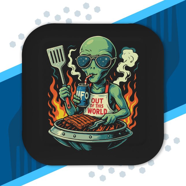 Funny Alien BBQ Illustration Retro Sci Fi Grilling Paper Plate (Creator Uploaded)