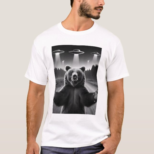 Funny Alien Bear UFO Bear Selfie with UFOs T-Shirt (Front)