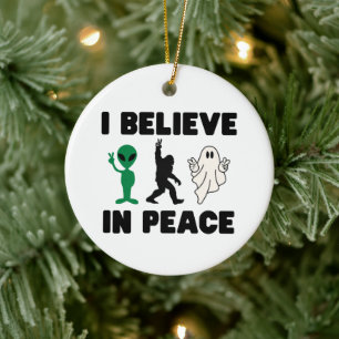 Funny Alien Bigfoot and Ghost Peace Ornament