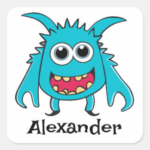 Funny Alien Blue Green Monster Cartoon Square Sticker