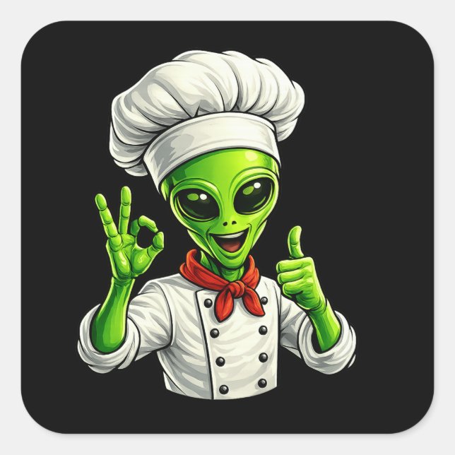 Funny Alien Chef Design Cute Space Cook With Chef Square Sticker (Front)