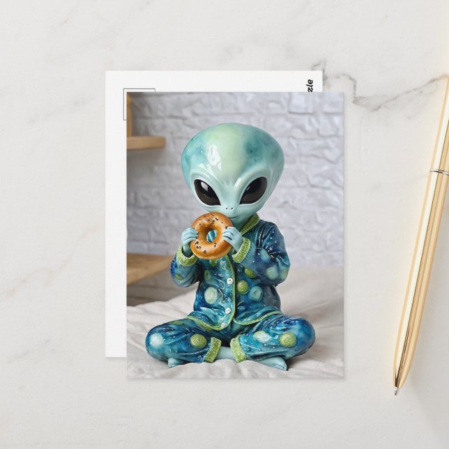 Funny Alien Eating a Bagel in Bed Postcard (Front/Back In Situ)