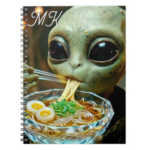 Funny Alien eating Ramen Noodles Monogrammed Notebook