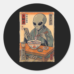 Funny alien eating ramen retro japanese men women classic round sticker