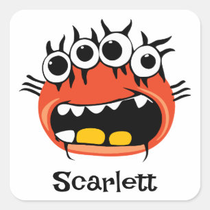 Funny Alien Four Eyes Orange Monster Cartoon Square Sticker