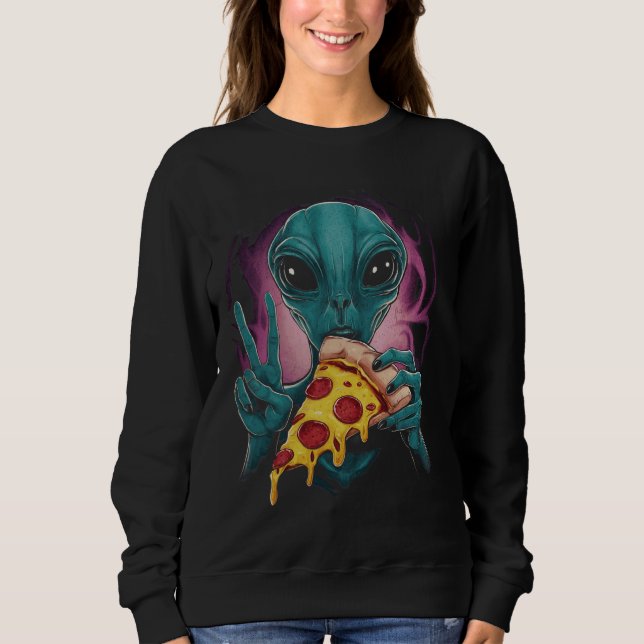 Funny Alien Head Eating Pizza UFO Extraterrestrial Sweatshirt (Front)