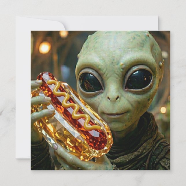  Funny Alien Holding a Crystalline Hotdog  Card (Front)