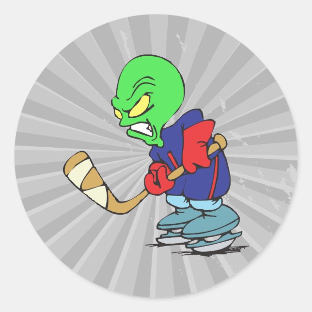 funny alien ice hockey player classic round sticker (Front)