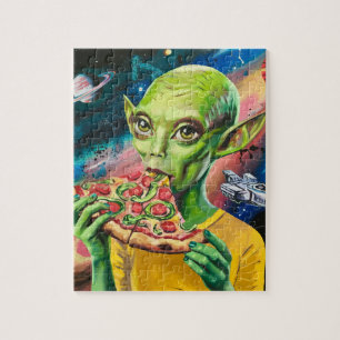 Funny Alien in Space Eating Pizza Jigsaw Puzzle