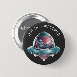 Funny Alien in UFO 6 Cm Round Badge