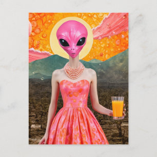 Funny Alien Lady in Pink With Orange Juice Postcard