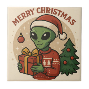 Funny Alien Merry Christmas Ceramic Tile