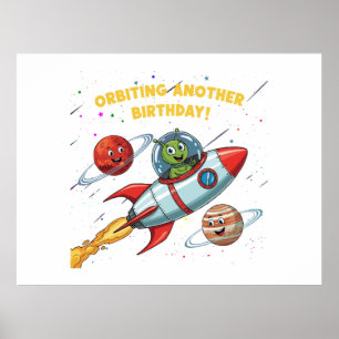 Funny Alien "Orbiting Another Birthday" Space Card Poster