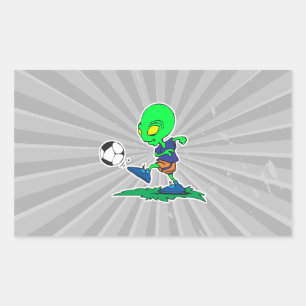 funny alien soccer player kicking ball rectangular sticker