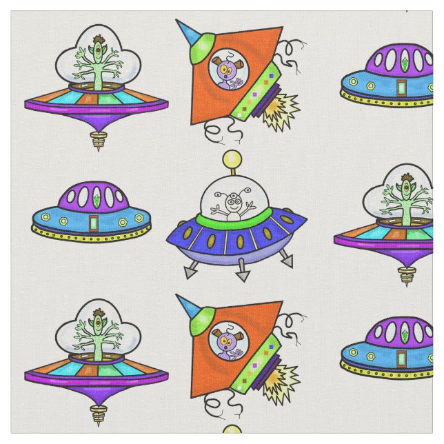 Funny Alien Spaceships and Flying Saucers Fabric (Close Up)