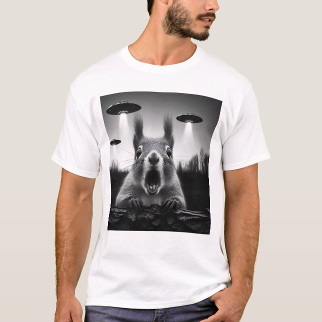 Funny Alien Squirrel UFO Racoon Selfie with UFOs T-Shirt (Front)