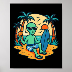Funny Alien Surfer Summer Ice Cream Tropical Surfi Poster