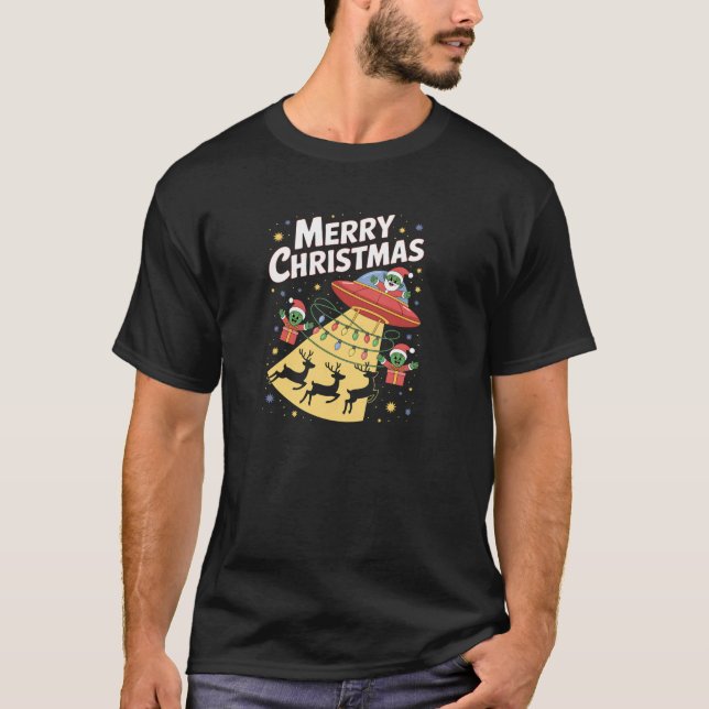 Funny Alien Trio Merry Ugly Christmas Santa Hat Gi T-Shirt (Front)