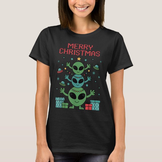 Funny Alien Trio Merry Ugly Christmas Santa Hat Xm T-Shirt (Front)