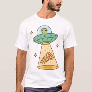Funny Alien UFO Abducts Pizza Doodle T-Shirt