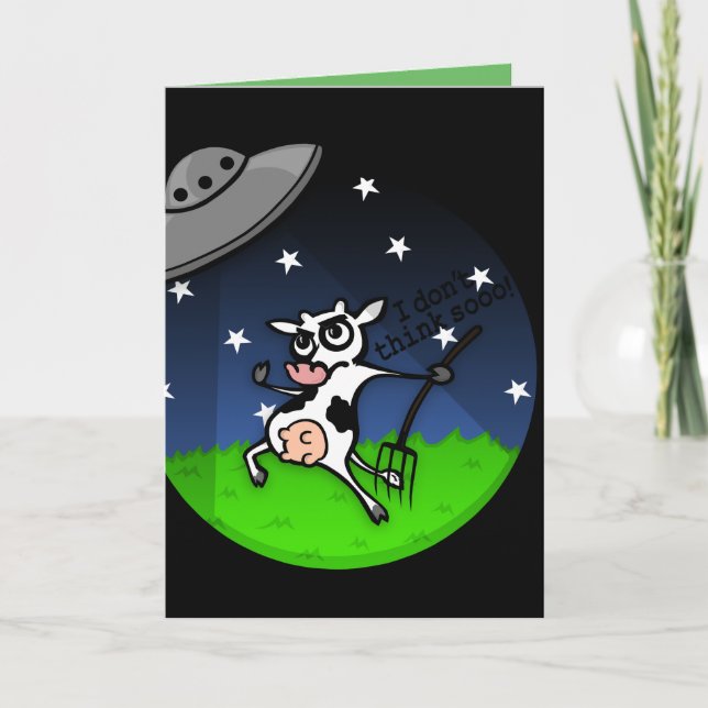 FUNNY ALIEN UFO COW ABDUCTION GREETING CARD (Front)