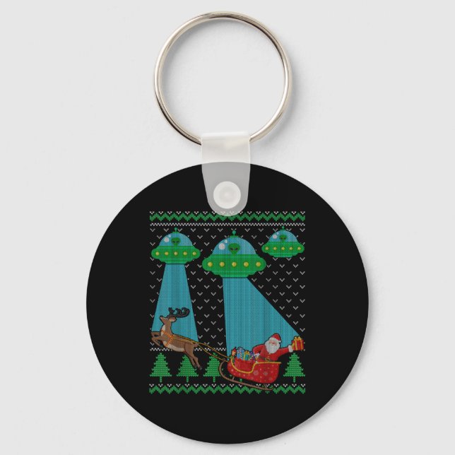Funny Alien Ufo Santa Sleigh Ugly Christmas Sweate Key Ring (Front)