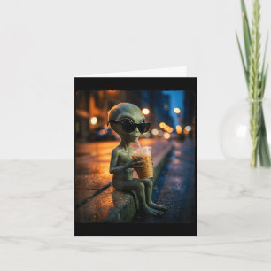 Funny alien wearing sunglasses drinking iced coffe card