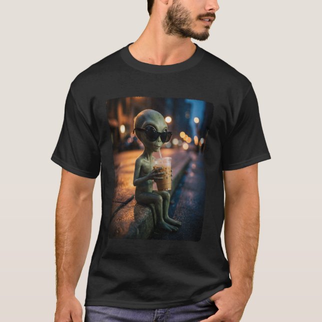 Funny Alien Wearing Sunglasses Drinking Iced Coffe T-Shirt (Front)